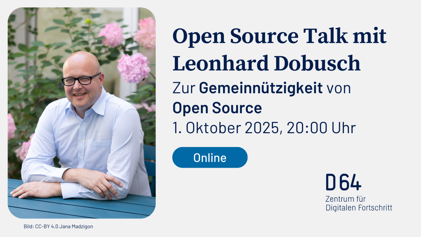 Sharepic mit einem Bild Leonhard Dobusch. OpenSource Talk mit Leonhard Dobusch zur Gemeinnützigkeit von OpenSource, 1. Oktober 2025 20 Uhr online 
