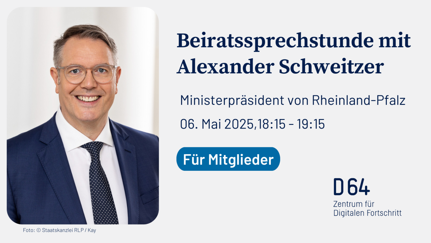 Sharepic mit Alexander Schweitzer. Text: Beiratssprechtunde mit Alexander Schweitzer. Ministerpräsident von Rheinland Pfalz, 6.Mai 18:15 Uhr, Nur für Mitglieder Online 