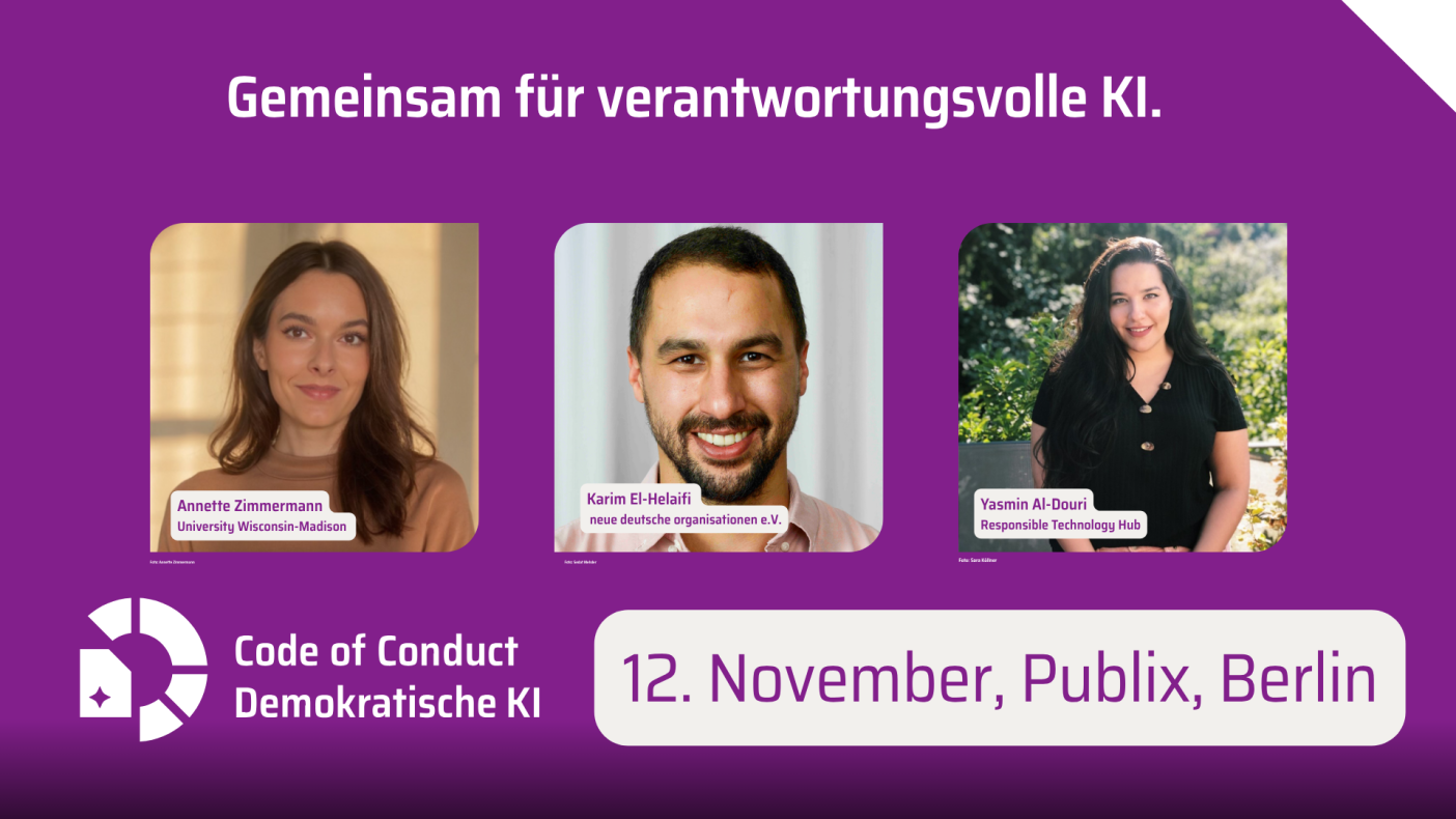 Sharepic mit Portraits von Annette Zimmermann, Karim El Helaifi und Yasmin Al-Douri , 12.November Publix